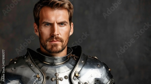 A resolute Spanish conquistador displays traditional armor and a cross pendant, emphasizing intensity against a plain backdrop