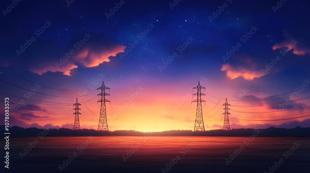 Majestic Sunset Over Power Lines with Vibrant Sky and Stars, Capturing the Beauty of Nature and Technology in Perfect Harmony, Ideal for Landscape or Environment Themes Majestic Sunset Over Power Lines with Vibrant Sky and Stars, Capturing the Beauty of Nature and Technology in Perfect Harmony, Ideal for Landscape or Environment Themes