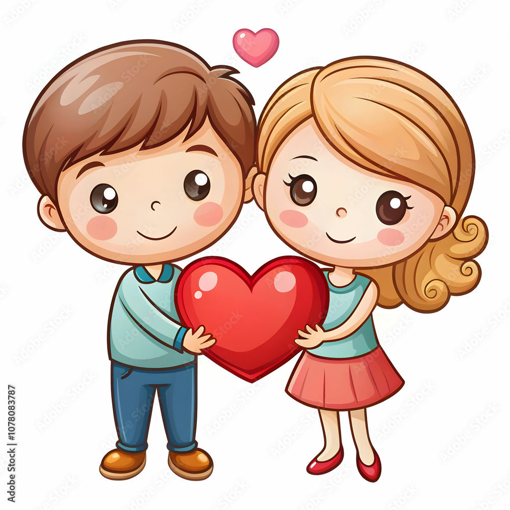 A charming cartoon couple shares a sweet moment with a red heart. A charming cartoon couple shares a sweet moment with a red heart.
