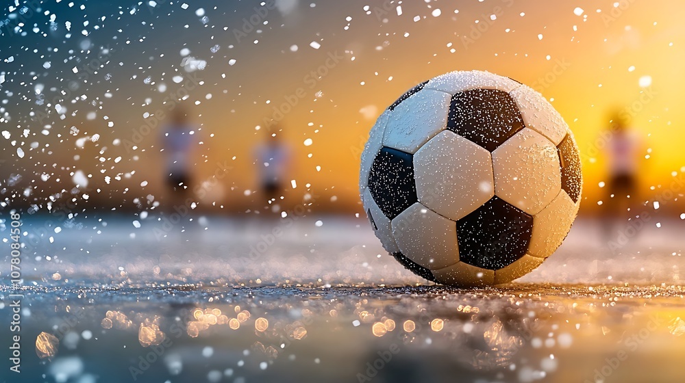 Naklejka premium The soccer ball glides effortlessly across the glistening, frozen field under the starlit sky