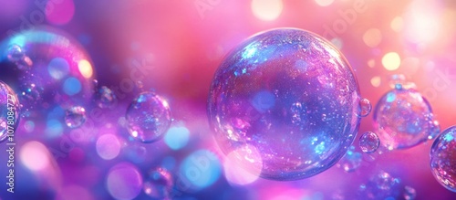 Abstract iridescent bubbles floating in a pink and purple background with bokeh.