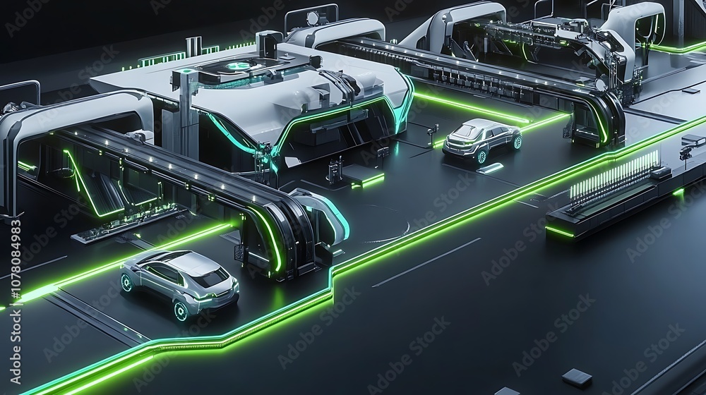 Obraz premium A futuristic automated vehicle assembly line with neon accents and advanced technology.