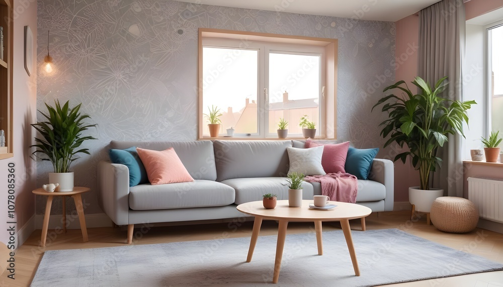 Scandinavian living room interior design zoom background,Doodle patterned wallpaper graphics Scandinavian living room interior design zoom background,Doodle patterned wallpaper graphics