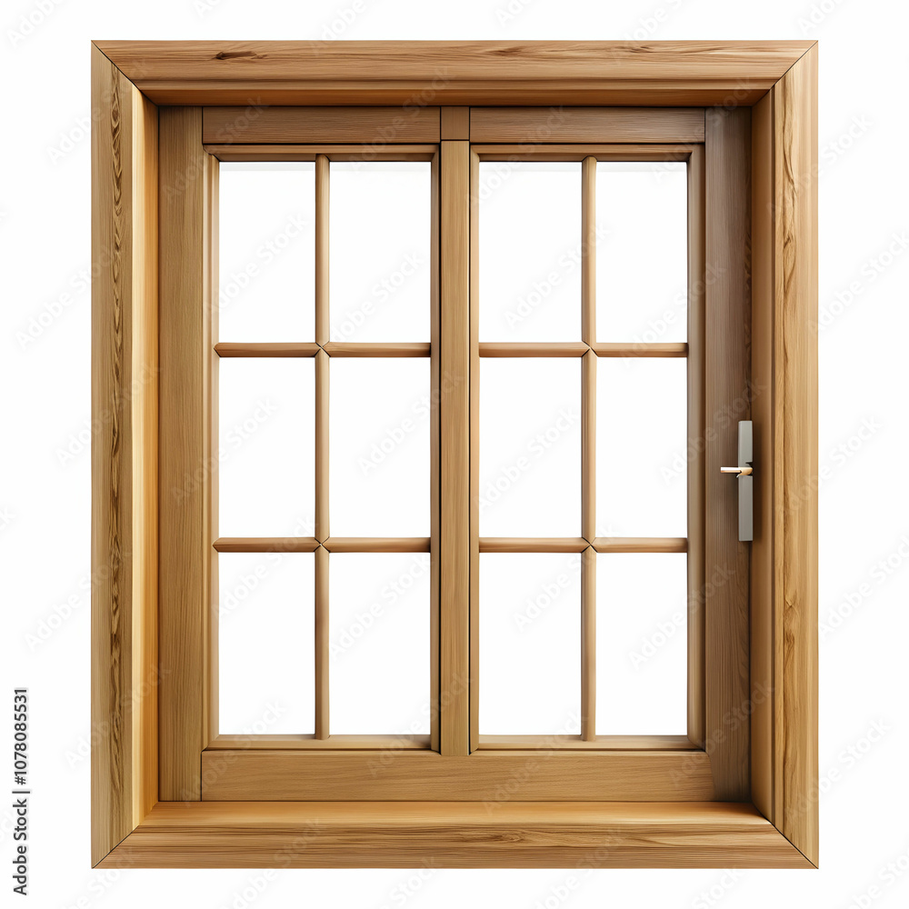 A wooden window design without glass showcases natural wood grain, framed against a crisp white background. A wooden window design without glass showcases natural wood grain, framed against a crisp white background.