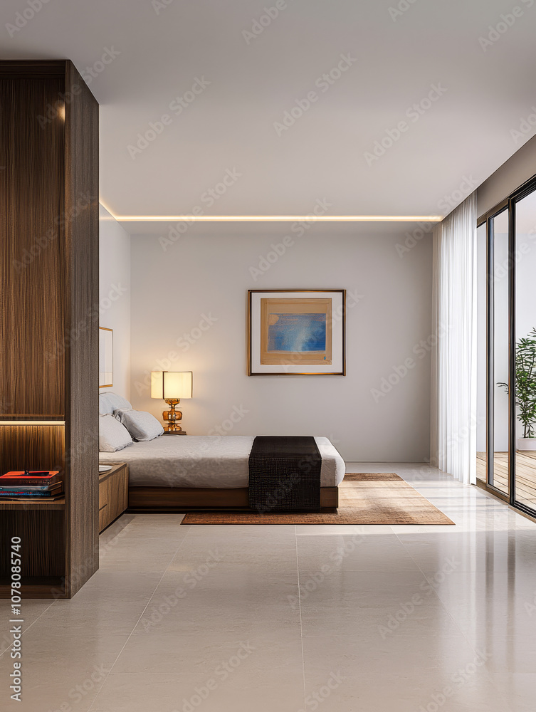 Fototapeta premium Modern bedroom interior design featuring natural light and minimalist decor in a serene setting