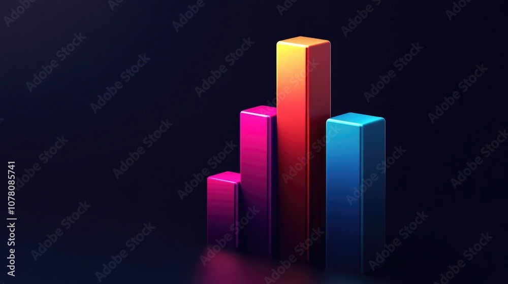 Colorful 3D Bar Graph Displaying Data Trends with Gradient Effect Set Against a Dark Background for Business and Marketing Presentations Colorful 3D Bar Graph Displaying Data Trends with Gradient Effect Set Against a Dark Background for Business and Marketing Presentations