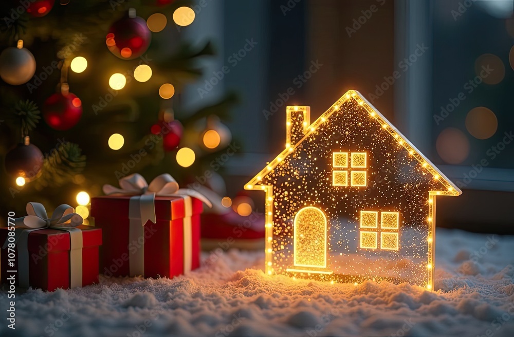 Naklejka premium Transparent gold luminous symbol of house and a gift box under Christmas tree on Christmas background with golden glitter. Real estate, realtor, mortgage, insurance, booking.