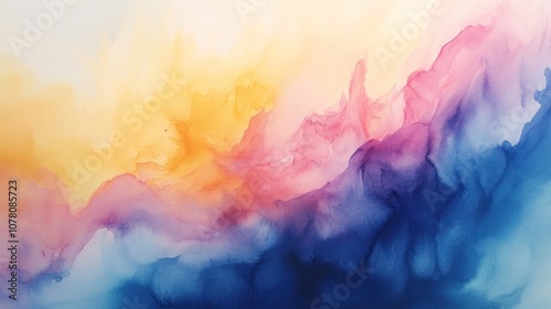 Abstract watercolor background with blurred colors in blue, pink, yellow and orange.