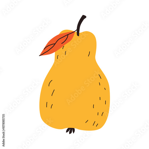A yellow pear with an autumn leaf. A whole pear. A delicious and healthy fruit. Vector illustration in cartoon style for design and web.