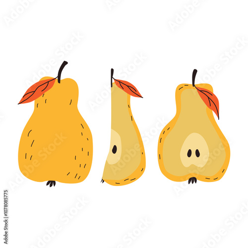 Seth is a yellow pear. A yellow pear with an autumn leaf. A whole pear, half a pear and a quarter. A delicious and healthy fruit. Vector illustration in cartoon style for design and web.