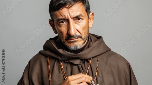A Spanish friar in a brown robe thoughtfully holds a rosary close to his chest, set against a soft light backdrop