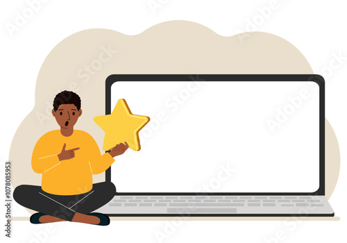 Online feedback, customer experience, user satisfaction concept. Man giving star rating online using laptop. Positive feedback, business survey.