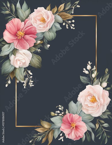 Dark grey background with gold frame and floral corner embellishments 