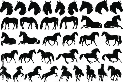 Horse silhouettes vector illustrations. Including horse heads, standing horses, horse running, horse rearing, horse walking, horse front view, and horse back view silhouette vectors.