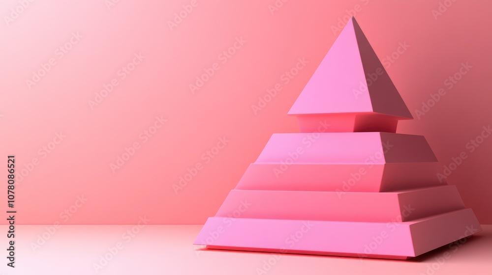 Abstract geometric shapes featuring a pink pyramid and a layered triangular structure against a soft pink background for creative design use and artistic inspiration. Abstract geometric shapes featuring a pink pyramid and a layered triangular structure against a soft pink background for creative design use and artistic inspiration.