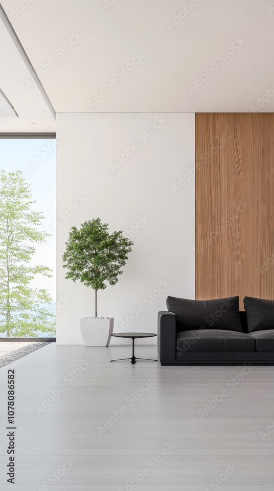 Fototapeta premium Modern living room with large windows showcasing a natural view and minimalist decor