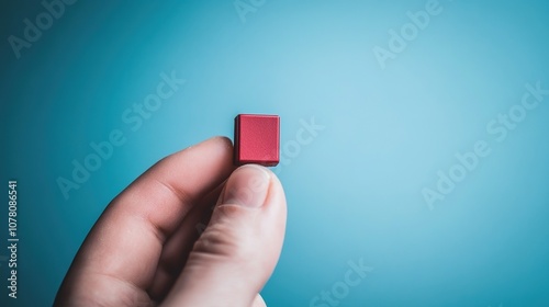 Close-Up of a Hand Holding a Small Red Square Object Against a Soft Blue Background, Symbolizing Creativity and Innovation in Modern Design