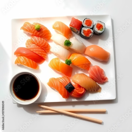 Assorted salmon sushi pieces on a white plate, garnished with wasabi, pickled ginger, and soy sauce on the side.