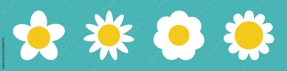 Chamomile icon set line. White daisy camomile. Cute round flower head plant collection. Growing concept. Simple abstract sign symbol shape. Love card. Flat design. Green background. Isolated. Vector Chamomile icon set line. White daisy camomile. Cute round flower head plant collection. Growing concept. Simple abstract sign symbol shape. Love card. Flat design. Green background. Isolated. Vector