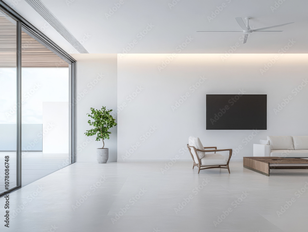 Fototapeta premium Modern minimalist living room with large windows and natural light during the day