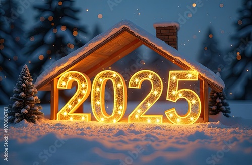 Transparent gold luminous numbers 2025 under roof of house on snowy New Year background with golden glitter. Real estate, realtor, mortgage, insurance.  photo