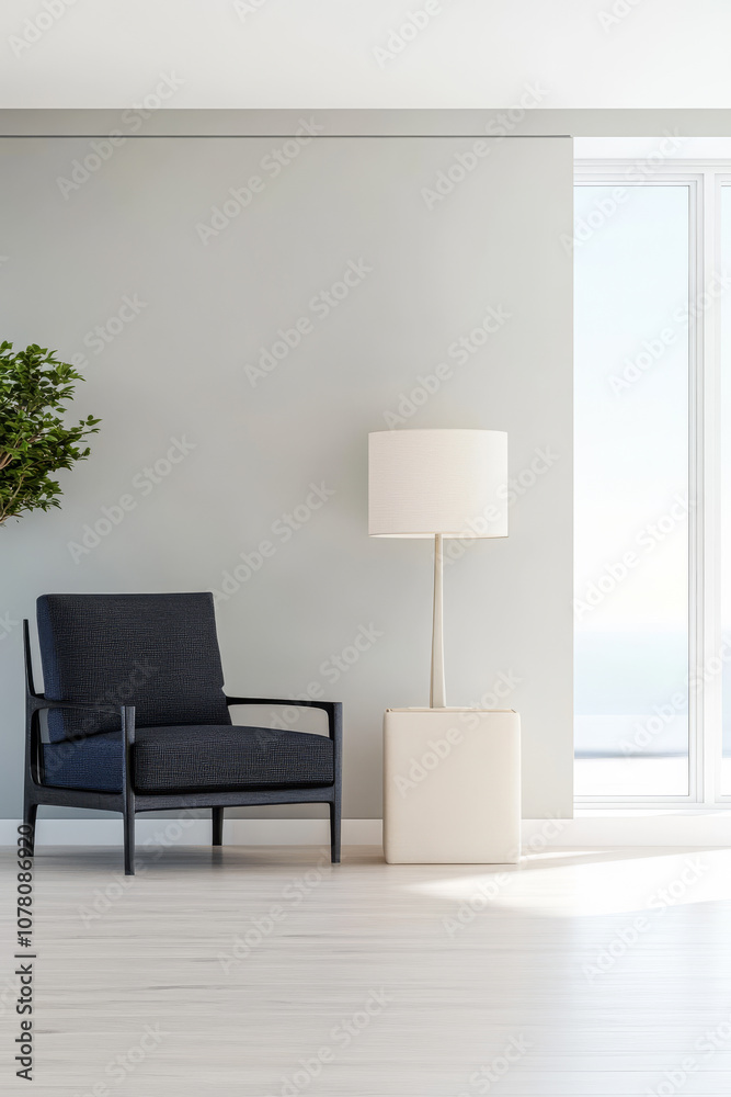 Fototapeta premium Modern living room with a stylish chair, floor lamp, and large windows allowing natural light