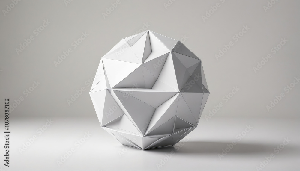 A white, geometric sphere sits on a plain surface against a light gray background A white, geometric sphere sits on a plain surface against a light gray background