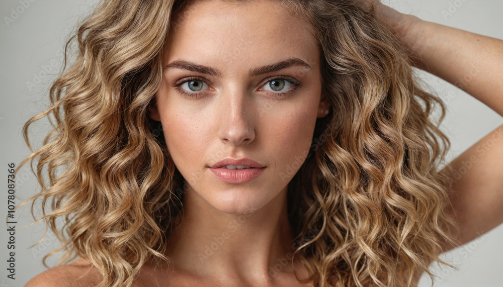 A woman with long, curly hair looks directly at the camera, her hand resting on her head A woman with long, curly hair looks directly at the camera, her hand resting on her head