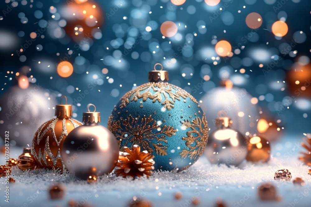 Weihnachtsstimmung mit blauen und silbernen Christbaumschkugeln, Feierliche Stimmung im warmen Licht, Schnee, Tannenzapfen und Bokeh Weihnachtsstimmung mit blauen und silbernen Christbaumschkugeln, Feierliche Stimmung im warmen Licht, Schnee, Tannenzapfen und Bokeh