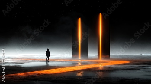 A solitary figure stands before two glowing monoliths in a surreal landscape, surrounded by mist and darkness, evoking a sense of mystery and the unknown.