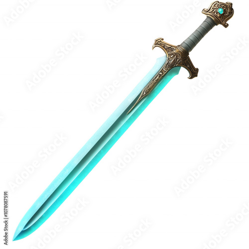 A glowing, ethereal sword with a silver hilt and a blue blade, transparent background