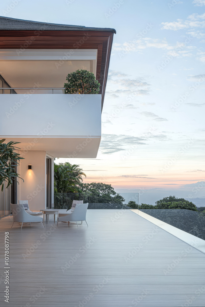 Obraz premium Modern balcony terrace with elegant seating overlooking a serene sunset landscape