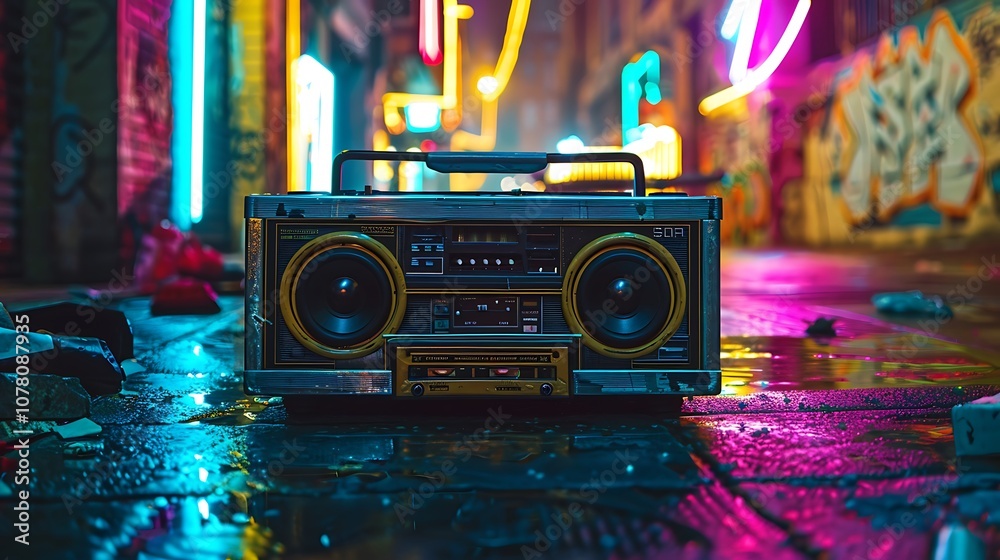 Fototapeta premium Old boombox rapper tunes in a spot with rainbow neon