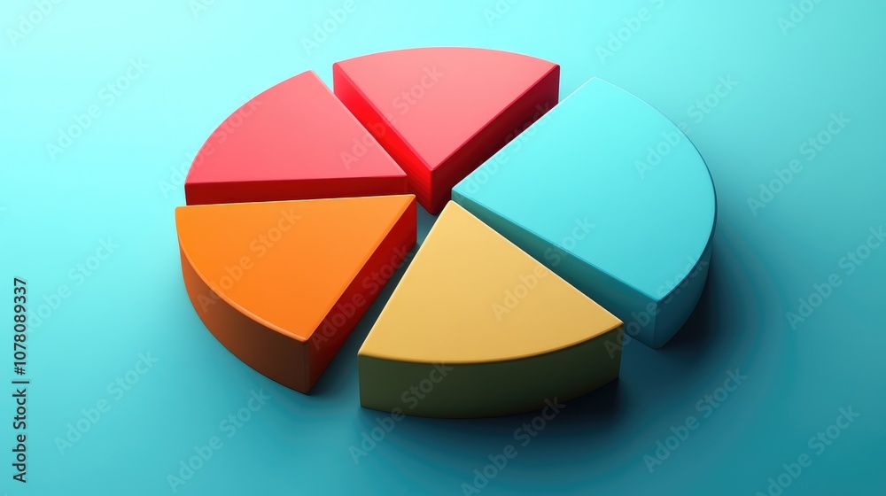 Fototapeta premium Colorful Three-Dimensional Pie Chart Segments Displaying Data Visualization Concept in Modern and Minimalistic Design