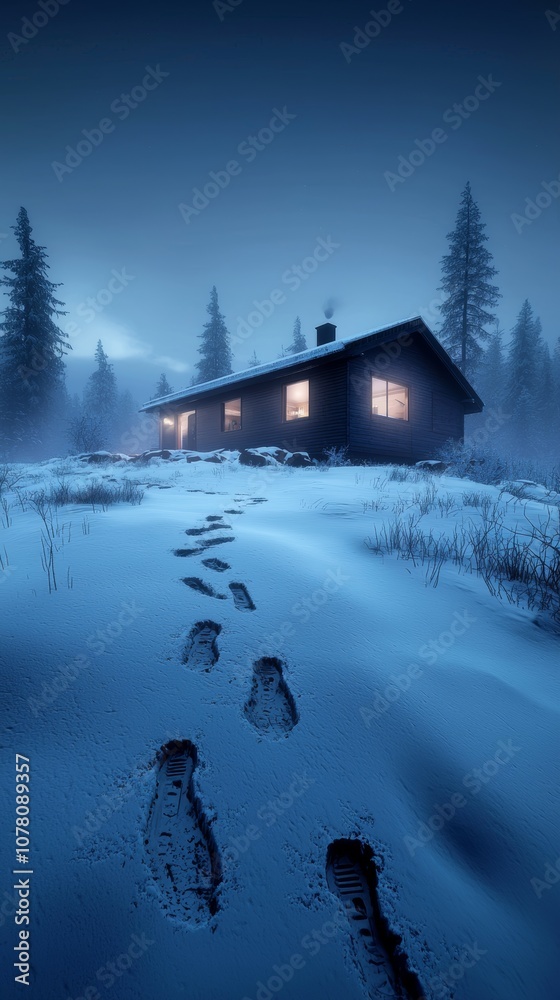 Fototapeta premium A serene winter scene featuring a cabin illuminated by warm light, surrounded by snow and pine trees, with fresh footprints leading towards it.