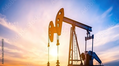 Sunset Over Oil Pumping Unit with Dramatic Sky, Welcoming a New Day in the Oil Industry, Symbolizing Energy Production and Economic Growth in Natural Resources photo