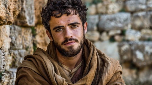 A Spanish missionary smiles gently while standing with arms folded in a simple, serene environment