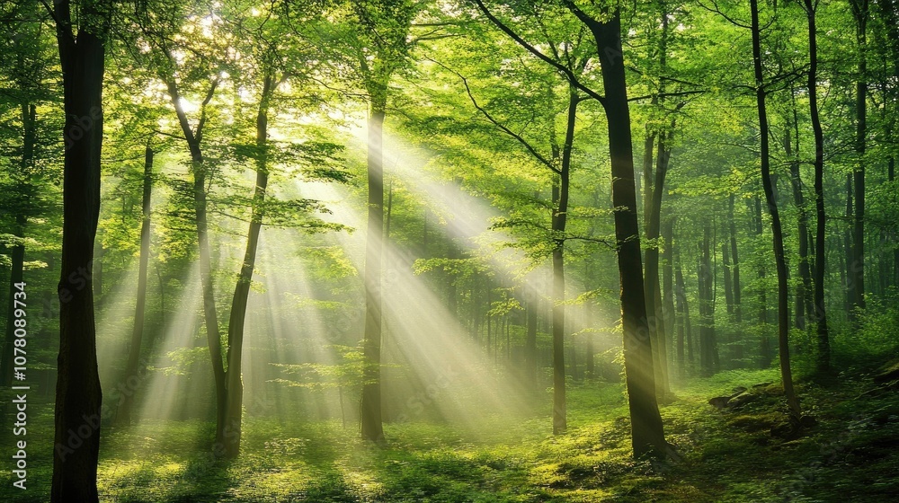 Fototapeta premium Sunlight Streaming Through Lush Green Trees in a Serene Forest Setting with Vibrant Foliage and Mystical Atmosphere Created by Nature's Beauty
