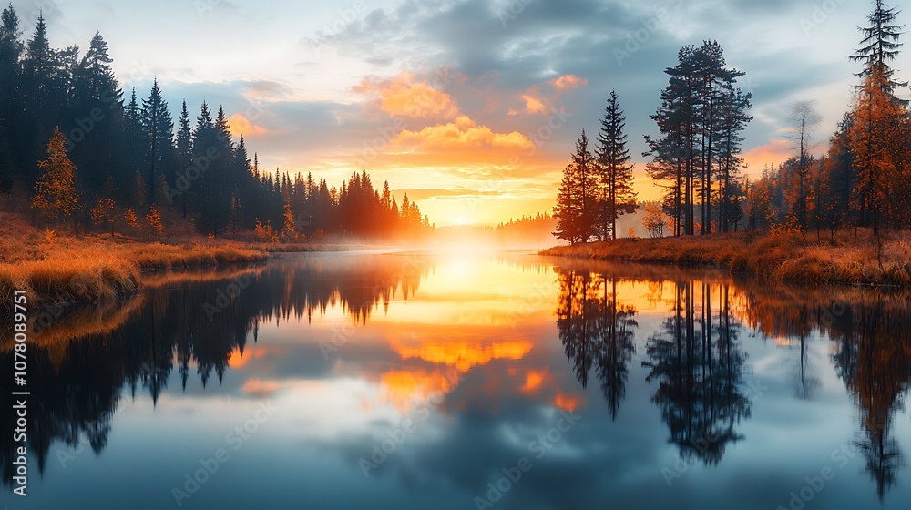 The sun dips below the horizon, casting a warm, golden glow across the sky, reflecting off the shimmering surface of the tranquil river below The sun dips below the horizon, casting a warm, golden glow across the sky, reflecting off the shimmering surface of the tranquil river below