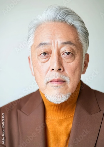 Elegant Elderly Asian Man in Brown Jacket with Grey Hair photo