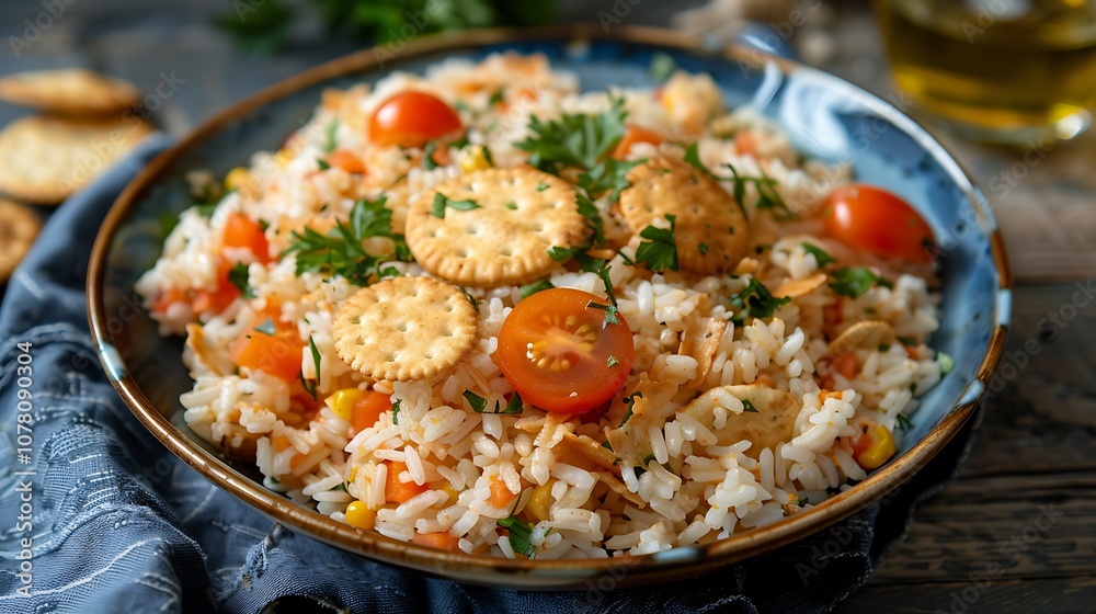 On a blue dish rice with crackers and tomatoes On a blue dish rice with crackers and tomatoes