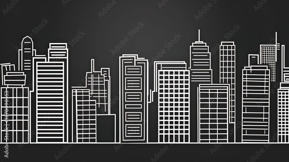 Fototapeta premium Black and White Urban Building Outline - a minimalist and striking visual. The monochromatic drawing highlights the architectural elegance and outlines the urban landscape in a bold manner.