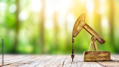 Antique wooden model of an oil pump jack set against a blurred natural background showcasing the contrast of industry and nature in a lush setting. photo