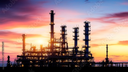 Industrial Power Plant at Sunset with Silhouetted Smokestacks and Colorful Sky, Showcasing Energy Production and Modern Technology in an Urban Environment