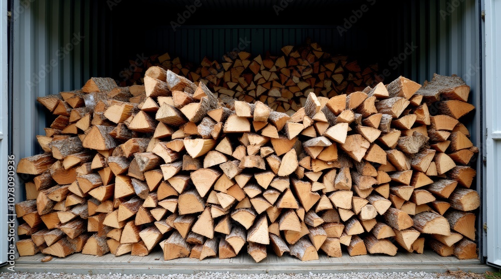 Stacked Firewood Pile Neatly Arranged in a Storage Shed Stacked Firewood Pile Neatly Arranged in a Storage Shed