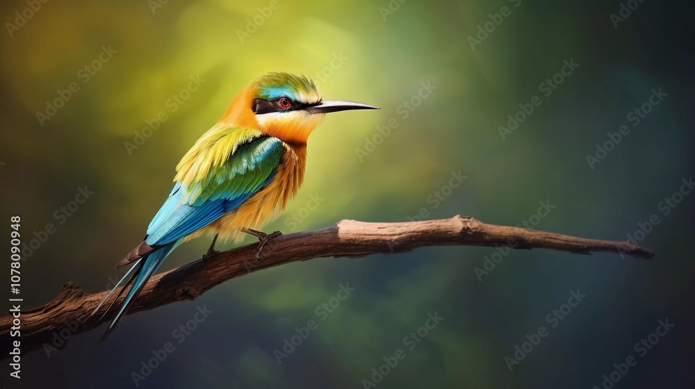 Obraz premium A colorful bird perched on a branch, showcasing vibrant plumage against a blurred background.