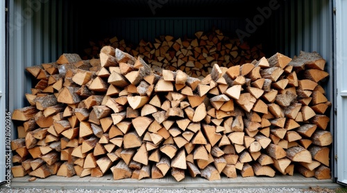 Stacked Firewood Pile Neatly Arranged in a Storage Shed