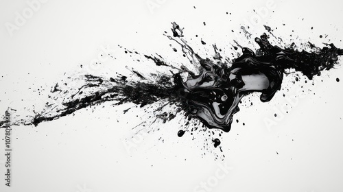 Abstract black ink splattered on a white background, creating a dynamic and energetic design.