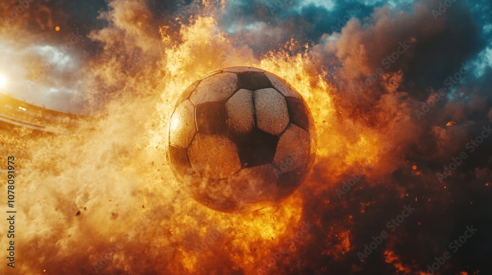 Fototapeta premium A soccer ball engulfed in flames, a fiery explosion representing the passion and intensity of the sport.