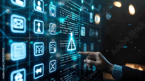 A virtual screen displaying icons representing AI laws, regulations, and compliance, with a person interacting with the governance framework.